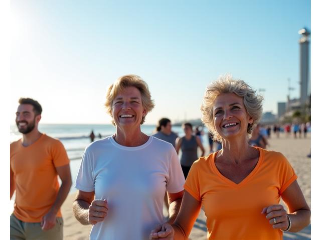 Santa Monica Pier and beach with healthy, active people in the foreground, vibrant and inviting.